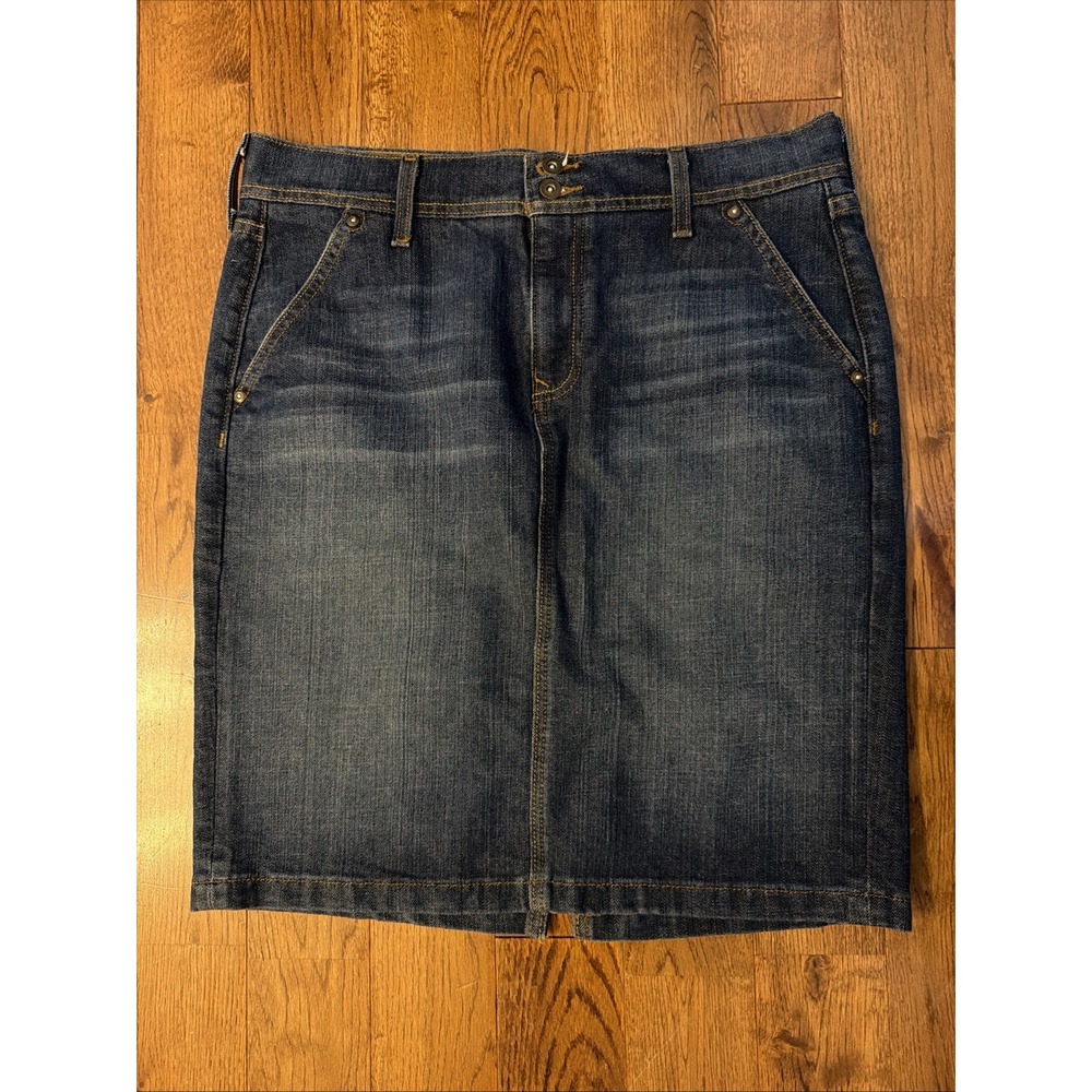 Old Navy High Rise Blue Denim Knee Length Skirt Pencil Straight Slit Pockets 12